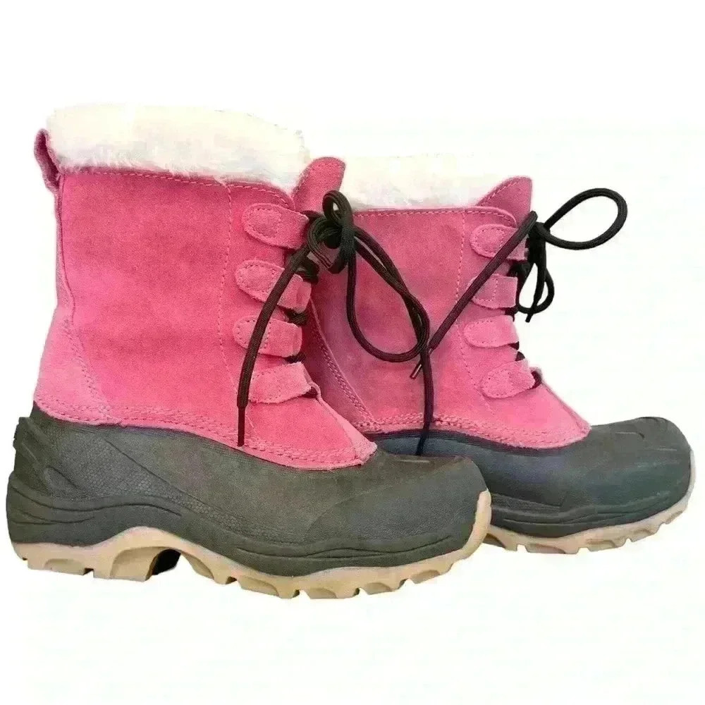 Lands’ End Snow Boots Leather Faux Shearling White Pink Black Girls Size 2